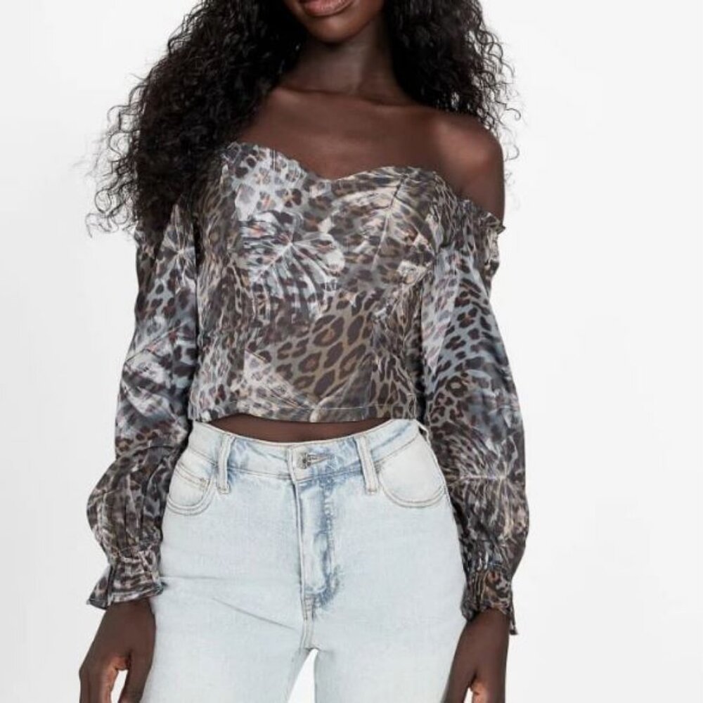 Guess Factory Sharlene Leopard Jacquard Sheer Top